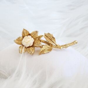 Vintage 2.5" White/Ivory Rose -Gold Plated- Floral Brooch Antique Jewelry